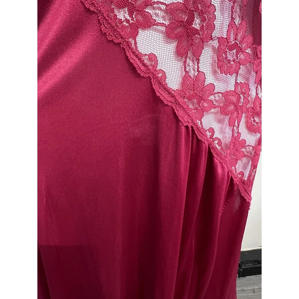 Vintage Berry Red Satin Lace Trim lingerie Slit Maxi Slip Dress